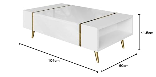 lukmebel Coffee Table White with Gold Onyx 104 x 65 x 41 cm Coffee Table with Storage Space Push to Open Living Room Table Side Table Couch Sofa Table House Table