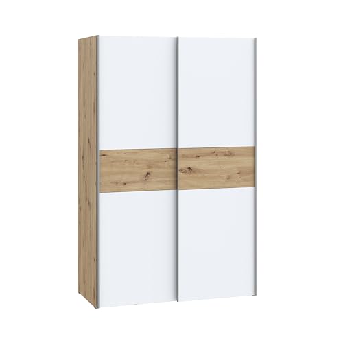 FORTE OZZULA Wardrobe 120, Wardrobe, Sliding Door Wardrobe, Bedroom Wardrobe, Scandinavian 2 Door Shelves, Clothes Rail, White/Artisan Oak, 120 cm Wide x 190.5 cm High x 61 cm Deep
