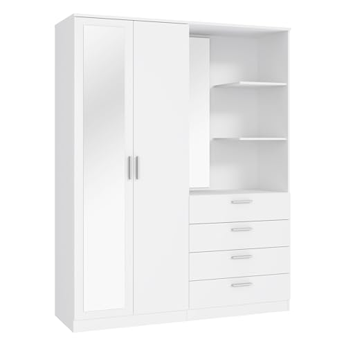 FORTE DEWANIA Kleiderschrank 160, Schrank mit offenen Regalfächern und Spiegel, Holzwerkstoff, Weiß, 159,3 cm breit, 203,4 cm hoch, 52,7 cm tief