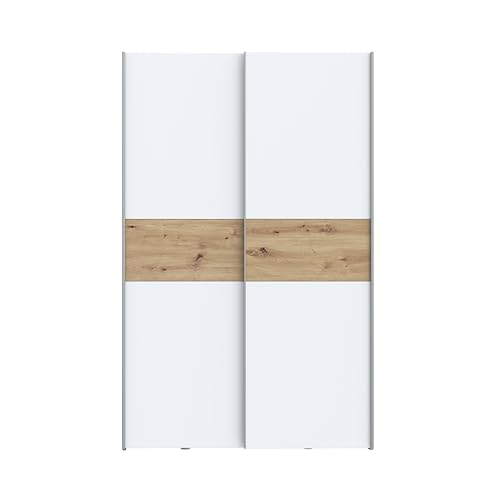 FORTE OZZULA Wardrobe 120, Wardrobe, Sliding Door Wardrobe, Bedroom Wardrobe, Scandinavian 2 Door Shelves, Clothes Rail, White/Artisan Oak, 120 cm Wide x 190.5 cm High x 61 cm Deep