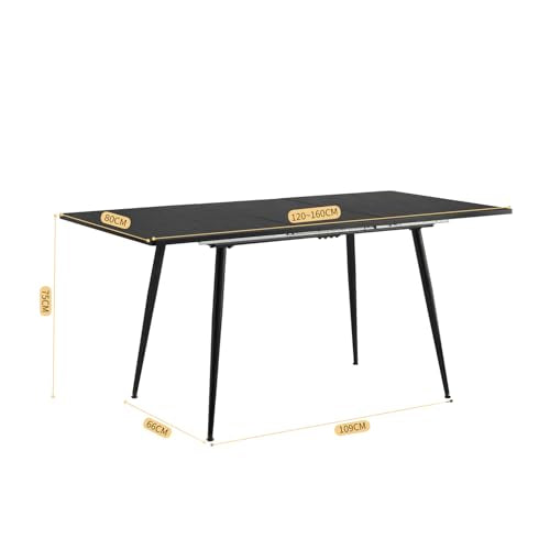 FurnitureR Esstisch, ausziehbar, L-120 – 160 cm für 6 – 8 Personen, Elegantes Design, Tischplatte aus weißem Marmor, MDF mit Metallbeinen, vielseitig und minimalistisch, Küchentisch