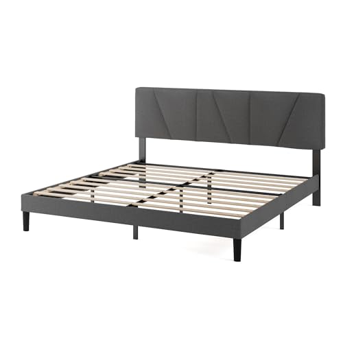 Zinus Maya Bed 180 x 200 cm - Height 30 cm - Padded Bed Frame with Headboard - Wooden Slatted Frame - Dark Grey, Dark Grey