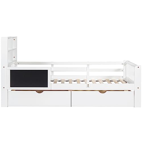 Children's Bed 90 x 200 cm, Wooden Bed with Drawers and Board, Headboard with Bookshelf and Fall Protection, Bed with Slatted Frame and Storage Space, Teenager's Bed, Functional Bed, Wooden Bed Frame,
