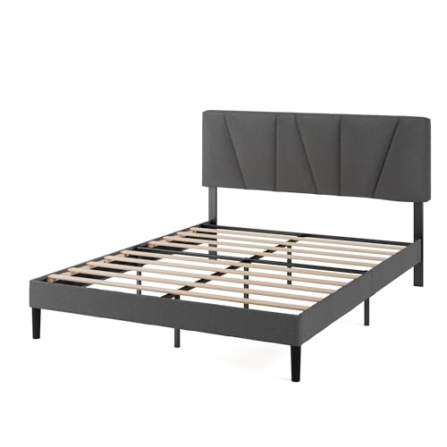 Zinus Maya Bed 180 x 200 cm - Height 30 cm - Padded Bed Frame with Headboard - Wooden Slatted Frame - Dark Grey, Dark Grey