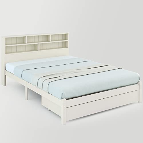 RIAZOS Kinderbett Holzbett 90x200 cm, Massiveholz Einzelbett mit Schreibtisch und Schubladen, Stauraumbett mit Lattenrost, für Jungen & Mädchen, ohne Matratze, Weiß