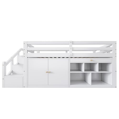 Children's Bed 90 x 200 cm, Wooden Bed with Drawers and Board, Headboard with Bookshelf and Fall Protection, Bed with Slatted Frame and Storage Space, Teenager's Bed, Functional Bed, Wooden Bed Frame,