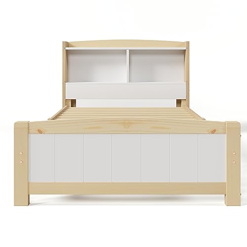 RIAZOS Kinderbett Holzbett 90x200 cm, Massiveholz Einzelbett mit Schreibtisch und Schubladen, Stauraumbett mit Lattenrost, für Jungen & Mädchen, ohne Matratze, Weiß