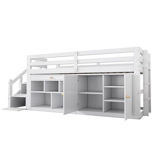Children's Bed 90 x 200 cm, Wooden Bed with Drawers and Board, Headboard with Bookshelf and Fall Protection, Bed with Slatted Frame and Storage Space, Teenager's Bed, Functional Bed, Wooden Bed Frame,