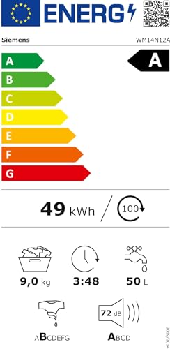 Siemens WM14N12A Waschmaschine iQ300, Frontlader mit 9kg Fassungsvermögen, 1400 UpM, speedPack L, smartFinish, Outdoor-Programm, LED-Display, Weiß, 60cm