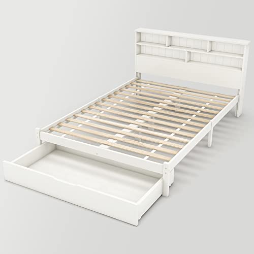 RIAZOS Kinderbett Holzbett 90x200 cm, Massiveholz Einzelbett mit Schreibtisch und Schubladen, Stauraumbett mit Lattenrost, für Jungen & Mädchen, ohne Matratze, Weiß