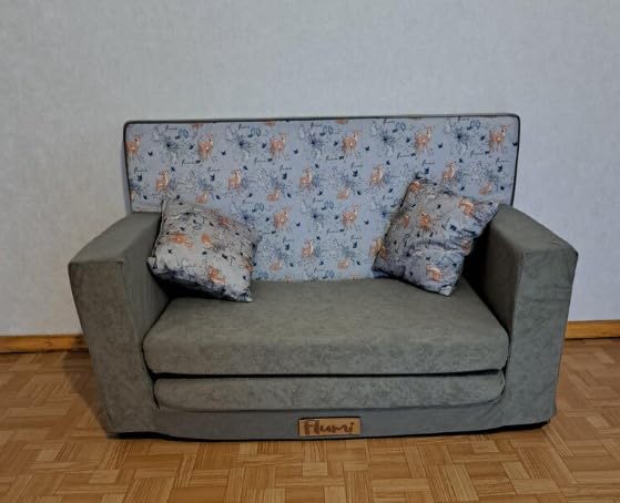 Flumi Personalised Children's/Teenager's Couch/Armchair/Sofa Bed, with Engraving of Child's Name, Play Sofa, Sleeping Chair, Bed Function, Children's Furniture, 92 x 40 x 60 cm, Microfibre (Grey)