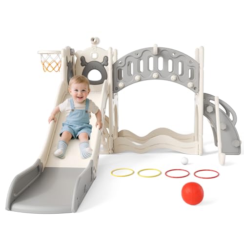 Kinderrutsche, Kleinkindrutsche mit Weihnachtselchmotiv Kleinkinderrutsche mit Golfset, Babyrutsche, Spielplatzgerät, für den Innen- und Außenbereich freistehend Babyrutsche (Khaki-6-in-1- Active)