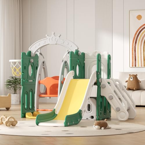 Rutsche mit Klettergerüst für Kinder: Indoor Spielplatz mit - Aufbewahrungsbox Tunnel Treppenleiter Basketballkorb und Durchgangsbereich Gartenrutsche (Star Set-G-Brown)