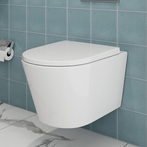 HOROW Wand WC Keramik Hänge WC Set Toiletten mit abnehmbaren Deckel sitz mit Absenkautomatik Hängetoilette, D-Form, kompakte Design Toilette Gästebad