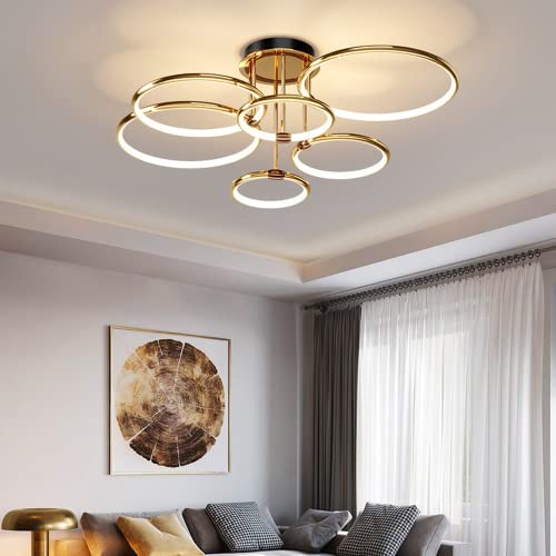 LED Deckenleuchte Modern Design Deckenlampen Gold 5-Ring Lampen Dimmbar Wohnzimmerlampe mit Fernbedienung, Aluminium Led Beleuchtung für Wohnzimmer Schlafzimmer Küche Esszimmer Büro 93cm, 108W…