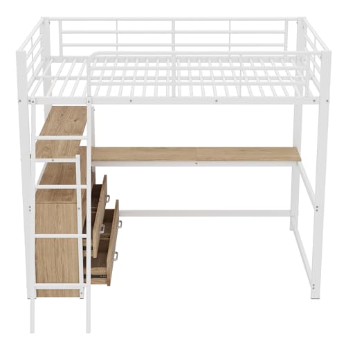 Merax Kinderbett Hochbett 90x200 cm Metallbett mit L-förmigem Schreibtisch, 2 Schubladen und Regal, Bettgestell mit Lattenrost (ohne Matratze) für Kinder/Erwachsene, Schwarz