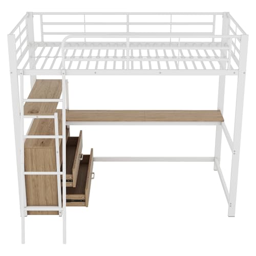 Merax Kinderbett Hochbett 90x200 cm Metallbett mit L-förmigem Schreibtisch, 2 Schubladen und Regal, Bettgestell mit Lattenrost (ohne Matratze) für Kinder/Erwachsene, Schwarz