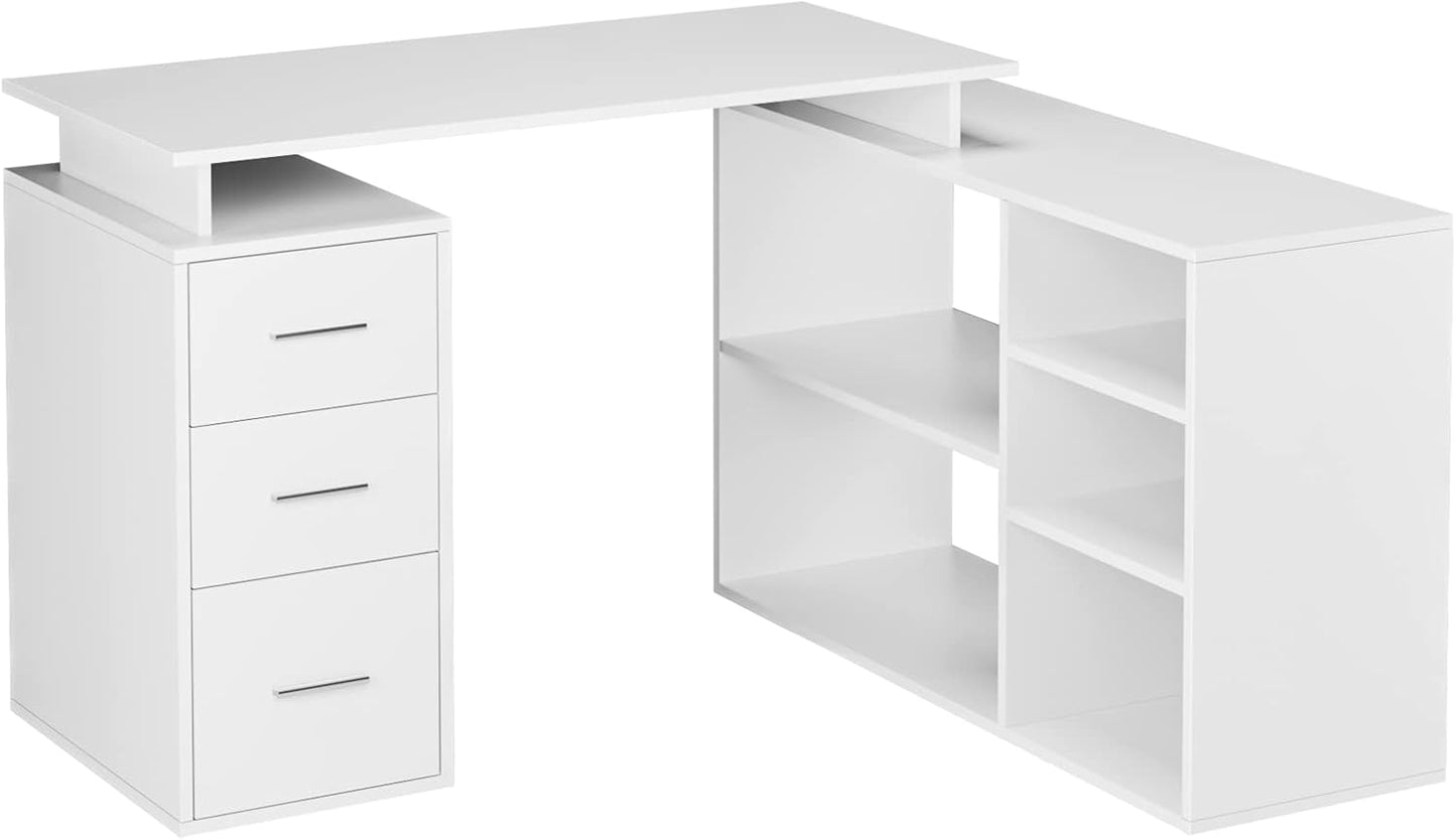 FirFurd 129 x 104 cm Corner Desk, L-shaped Desk, Kids Computer Desk for Adults with 3 Drawers and 5 Shelves for Home Office, 129 x 104 x 76 cm, White