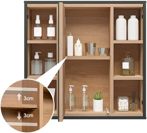 EUGAD Bathroom Mirror Cabinet with Mirror, Cabinet with Bathroom Mirror, Wall Cabinet Bathroom with Adjustable Shelves, Made of Metal Wood Material, 60 x 58 x 16 cm