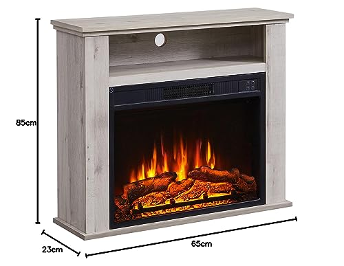 BALDERIA Elektrokamin Frida | Elektrischer Standkamin mit zusätzlichem Fach | 3D-Flammeneffekt | Elektro Heizung 2000W | Kamin mit Fernbedienung, Startsteuerung, Timer & Thermostat | Graue Eiche