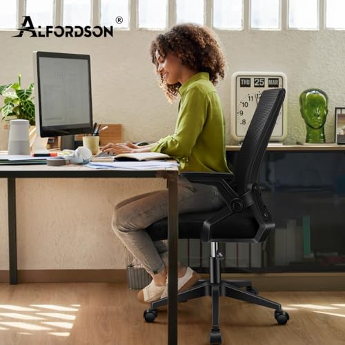 ALFORDSON Bürostuhl, Lendenstütze, Atmungsaktives Netz und Stoff, Hochklappbare/Verstellbare Armlehnen, Hochwertiger Schaumstoff, 180kg für Zuhause & Gaming, Wale, Schwarz