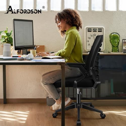 ALFORDSON Bürostuhl, Lendenstütze, Atmungsaktives Netz und Stoff, Hochklappbare/Verstellbare Armlehnen, Hochwertiger Schaumstoff, 180kg für Zuhause & Gaming, Wale, Schwarz