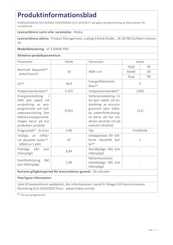 Midea MDWEU1435XSS-W Dishwasher, Integrated, 14 Place Settings, 60 cm, Partially Integrated with WiFi, Extra Drying, 7 Programmes, 47 dB, 0-24 Hours Start Time Delay, Stainless Steel