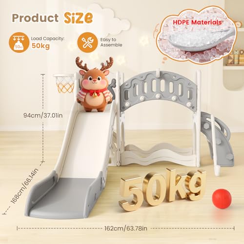 Krovtoy Kleinkindrutsche mit Weihnachtselch-Motiv, freistehende Kleinkindrutsche mit Golf-Set, Babyrutsche, Spielplatzgerät, für den Innen- und Außenbereich (Grau Beige - 6 in 1)