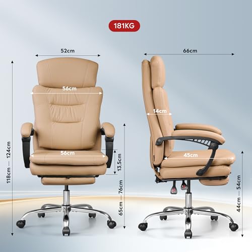 DEVAISE Chefsesse PU Leder, Bürostuhl Ergonomisch mit Fußstütze und Lendenwirbelstütze, Wippfunktion und Winkelverriegelung, Hohe Rückenlehne, Höhenverstellbar, Liegestuhl für Büro & Zuhause, Schwarz