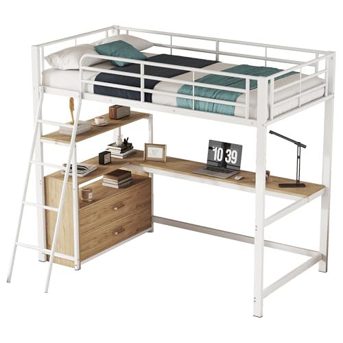 Merax Kinderbett Hochbett 90x200 cm Metallbett mit L-förmigem Schreibtisch, 2 Schubladen und Regal, Bettgestell mit Lattenrost (ohne Matratze) für Kinder/Erwachsene, Schwarz