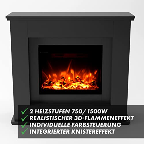 GLOW FIRE Elektrokamin mit Heizung und Kaminfeuer (Standkamin Europa) - elektrischer Kamin mit LED-Feuer in 3 Farben, Heizlüfter, Holz-Deko & Fernbedienung, 111x101x33 cm, Schwarz