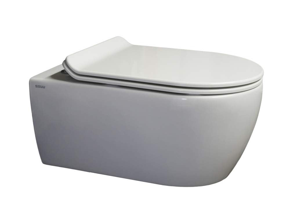 SSWW | Spülrandlose Toilette mit Softclose Toilettendeckel, Hänge-WC aus Keramik, Wand-WC, Tiefspüler | 54 cm lang