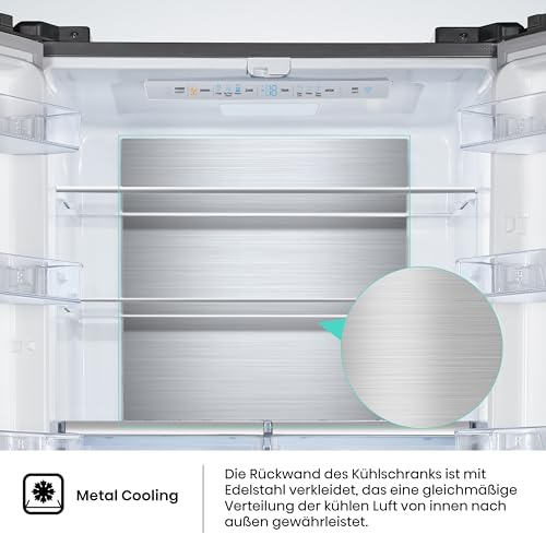 Hisense RF632N4WIE French Door Kühl-Gefrierkombination/ NoFrostPlus/ Inverter-Kompressor/ Wasserspender/ CrispZone/ 200 cm/ Kühlteil 336 l/ Gefrierteil 149 l/ 38 dB/ 295 kWh/ Jahr/ Inox-Look