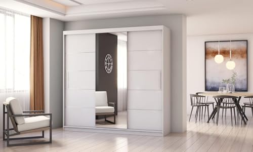 Fabryka Mebli Idźczak Kleiderschrank mit Spiegel, Schiebetüren - Weißer Schwebetürenschrank, Schlafzimmerschrank - 61 x 250 x 218 cm - Schrank für Schlafzimmer, Wohnzimmer, Garderobe