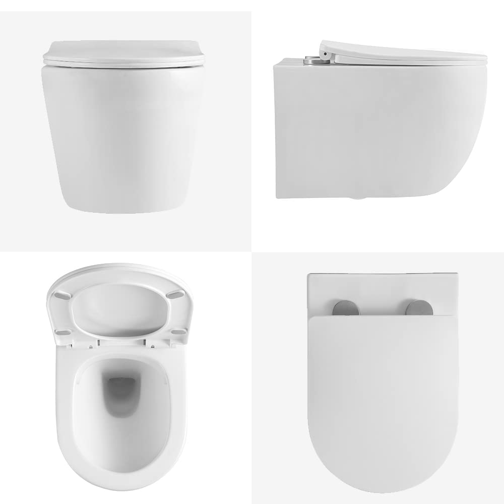 HOROW Ceramic Hanging Toilet with Nano Coating, Ceramic Wall Toilet White, Compact Toilet Bowl with Seat Soft-Close D Shape with Soft Close Lid for Guest Toilet