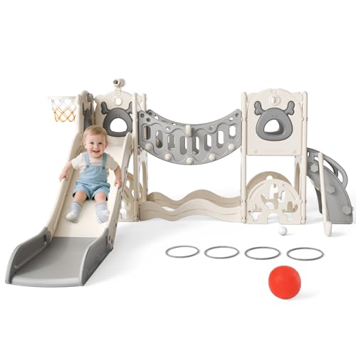 Kinderrutsche, Kleinkindrutsche mit Weihnachtselchmotiv Kleinkinderrutsche mit Golfset, Babyrutsche, Spielplatzgerät, für den Innen- und Außenbereich freistehend Babyrutsche (Khaki-6-in-1- Active)