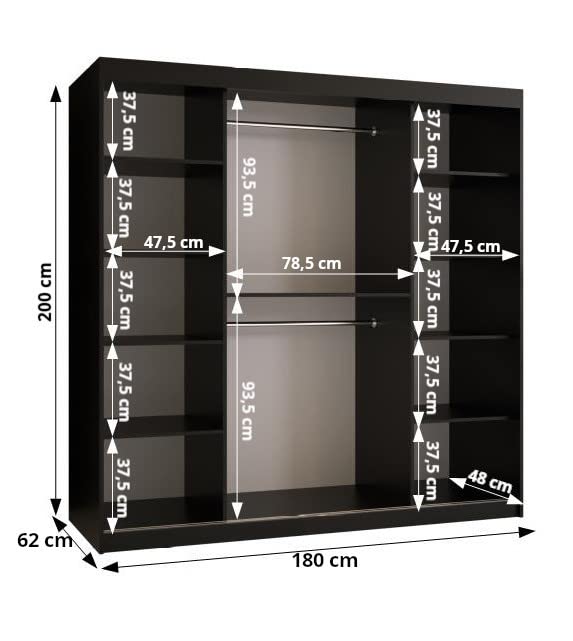 MEBLE KRYSPOL Dome 2 Schrank mit DREI Schiebetüren mit Spiegel, Stangen und Regalen - Aufbewahrungsschrank mit Rauchglas für Schlafzimmer, Wohnzimmer - 200x250x62cm - Schwarz, Schwarz, Schwarz