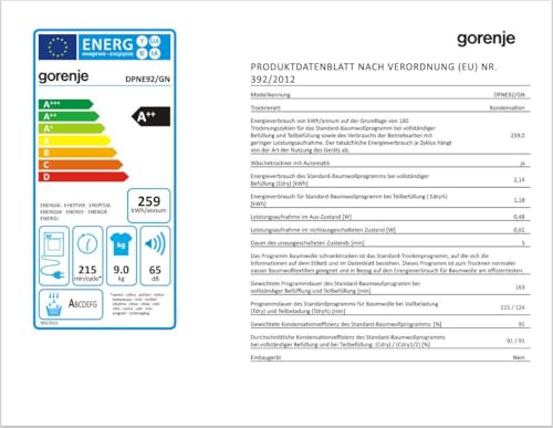 Gorenje DPNE82/GN Trockner/Kondensation mit Wärmepumpe / 8kg / 16 Programme/WIFI/Made in Europe/WaveActive Trommel/TwinAir/Feuchtesensor/Naturedry/LED Display/EEK: A++