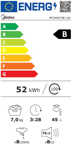 Midea MF10EW70BA10 Waschmaschine / 7kg / 1400 U/Min/EEK A-10%/Inverter Quattro Motor/Dampffunktion/Grosse Trommel/Nachlegefunktion/Kindersicherung/AquaStop, Weiß