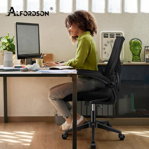 ALFORDSON Bürostuhl, Lendenstütze, Atmungsaktives Netz und Stoff, Hochklappbare/Verstellbare Armlehnen, Hochwertiger Schaumstoff, 180kg für Zuhause & Gaming, Wale, Schwarz