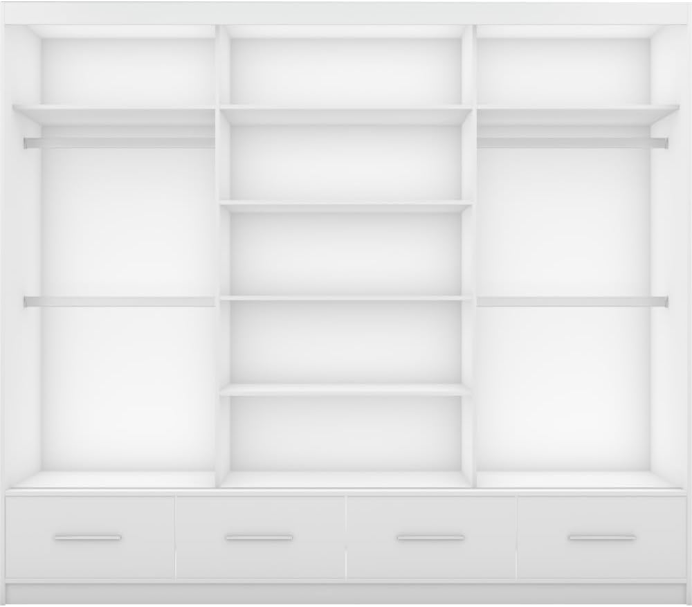 Fabryka Mebli Idźczak Kleiderschrank mit Spiegel weiß - Schwebetürenschrank - Schlafzimmerschrank - 61 x 250 x 218 cm - Wohnzimmerschrank - Garderobenschrank, Schrank mit 2 Türen, 4 Schubladen