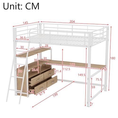 Merax Kinderbett Hochbett 90x200 cm Metallbett mit L-förmigem Schreibtisch, 2 Schubladen und Regal, Bettgestell mit Lattenrost (ohne Matratze) für Kinder/Erwachsene, Schwarz