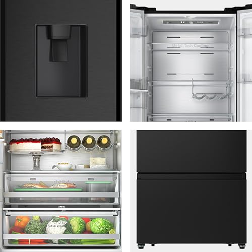 Hisense RF632N4WIE French Door Kühl-Gefrierkombination/ NoFrostPlus/ Inverter-Kompressor/ Wasserspender/ CrispZone/ 200 cm/ Kühlteil 336 l/ Gefrierteil 149 l/ 38 dB/ 295 kWh/ Jahr/ Inox-Look