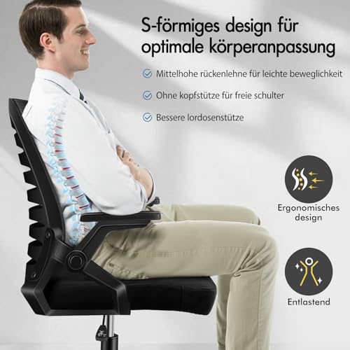 ALFORDSON Bürostuhl, Lendenstütze, Atmungsaktives Netz und Stoff, Hochklappbare/Verstellbare Armlehnen, Hochwertiger Schaumstoff, 180kg für Zuhause & Gaming, Wale, Schwarz