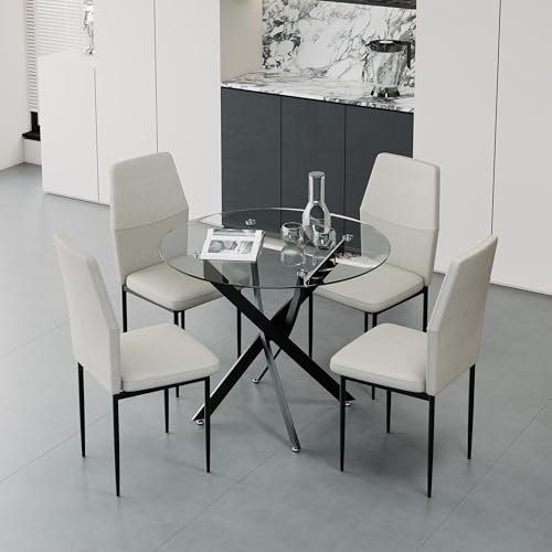 GOLDFAN Dining Table with 4 Chairs Dining Table Round Glass Kitchen Table Dining Room Chair Velvet 80 cm Green
