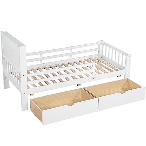 Children's Bed 90 x 200 cm, Wooden Bed with Drawers and Board, Headboard with Bookshelf and Fall Protection, Bed with Slatted Frame and Storage Space, Teenager's Bed, Functional Bed, Wooden Bed Frame,