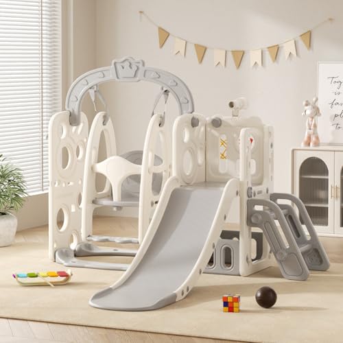 Rutsche mit Klettergerüst für Kinder: Indoor Spielplatz mit - Aufbewahrungsbox Tunnel Treppenleiter Basketballkorb und Durchgangsbereich Gartenrutsche (Star Set-G-Brown)