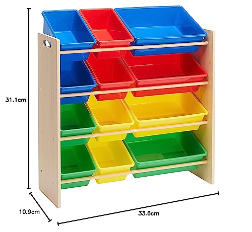 Amazon Basics Kids Toy Storage Toy Organiser with 12 Plastic Containers, White Wood with Pink Containers, 27.7 x 85.3 x 79 cm