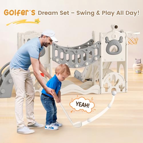 Krovtoy Kleinkindrutsche mit Weihnachtselch-Motiv, freistehende Kleinkindrutsche mit Golf-Set, Babyrutsche, Spielplatzgerät, für den Innen- und Außenbereich (Grau Beige - 6 in 1)
