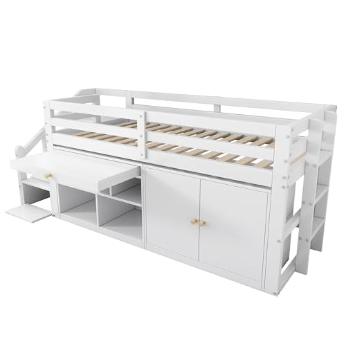 Children's Bed 90 x 200 cm, Wooden Bed with Drawers and Board, Headboard with Bookshelf and Fall Protection, Bed with Slatted Frame and Storage Space, Teenager's Bed, Functional Bed, Wooden Bed Frame,